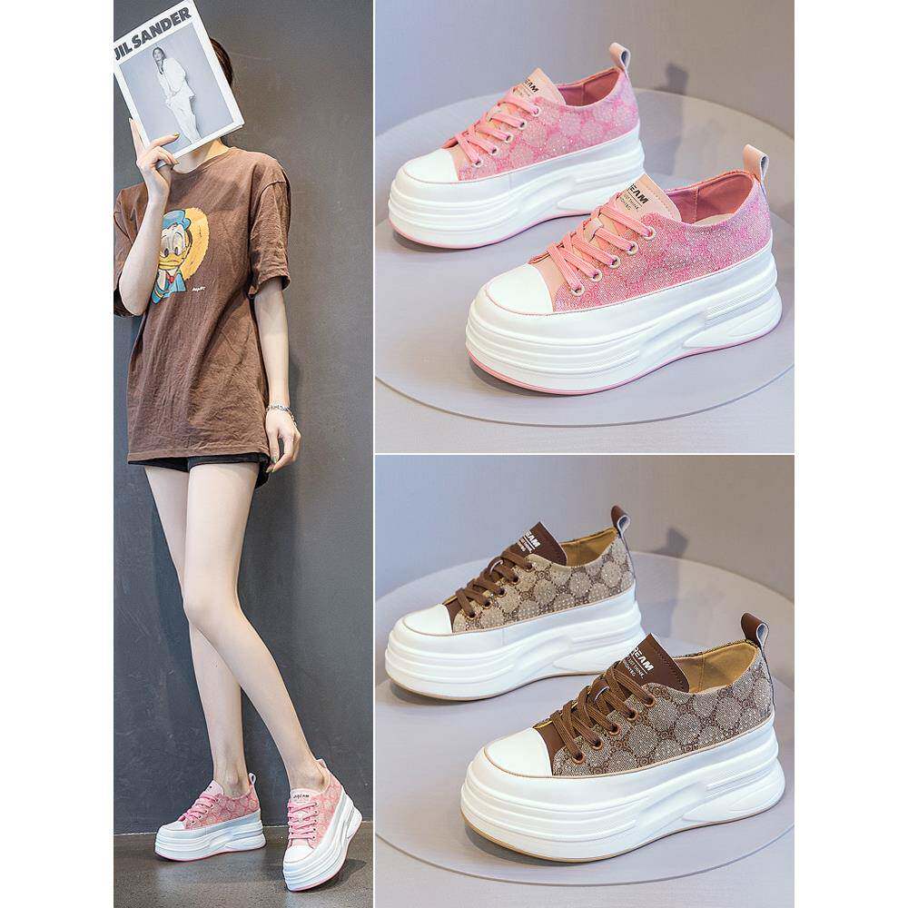 香港爆款真皮小熊内增高女鞋7cm夏新款松糕小白鞋厚底运动休闲鞋