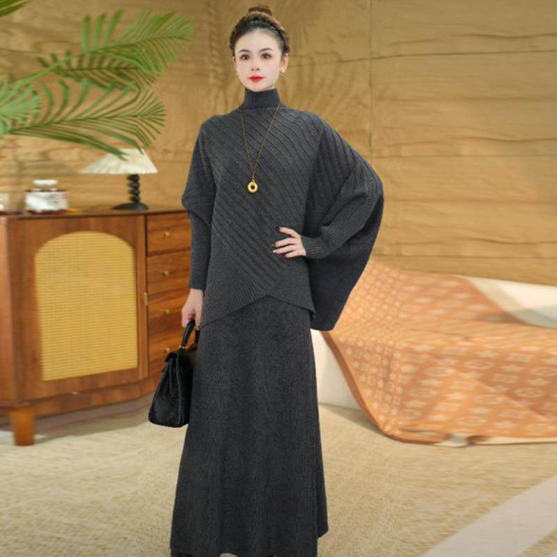 香港代购时尚套装裙女秋冬新款显瘦遮肉蝙蝠袖针织衫半身裙两件套