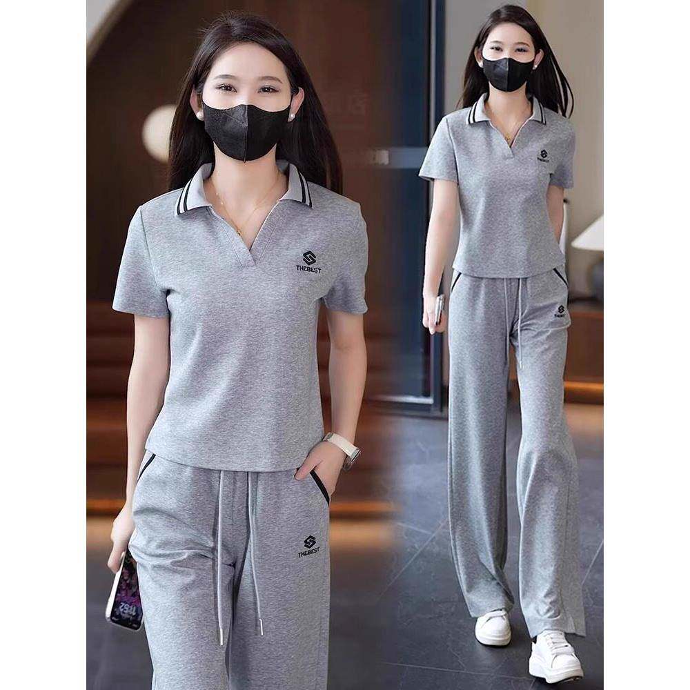 香港采购时尚休闲套装女士夏季修身Polo领短袖上衣阔腿裤运动服装