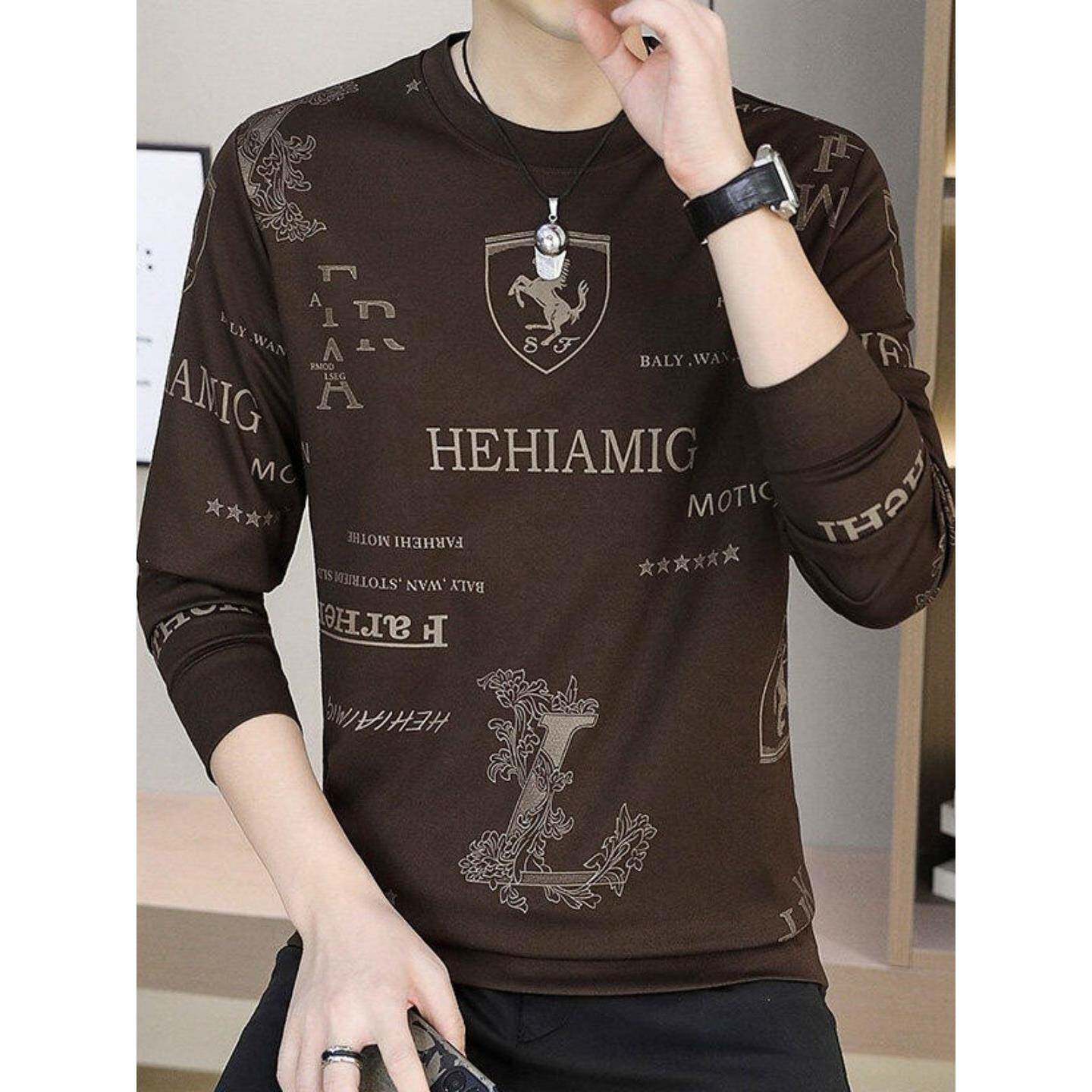 高端印花圆领卫衣男2025新款春秋季休闲男士潮流修身薄款长袖T恤