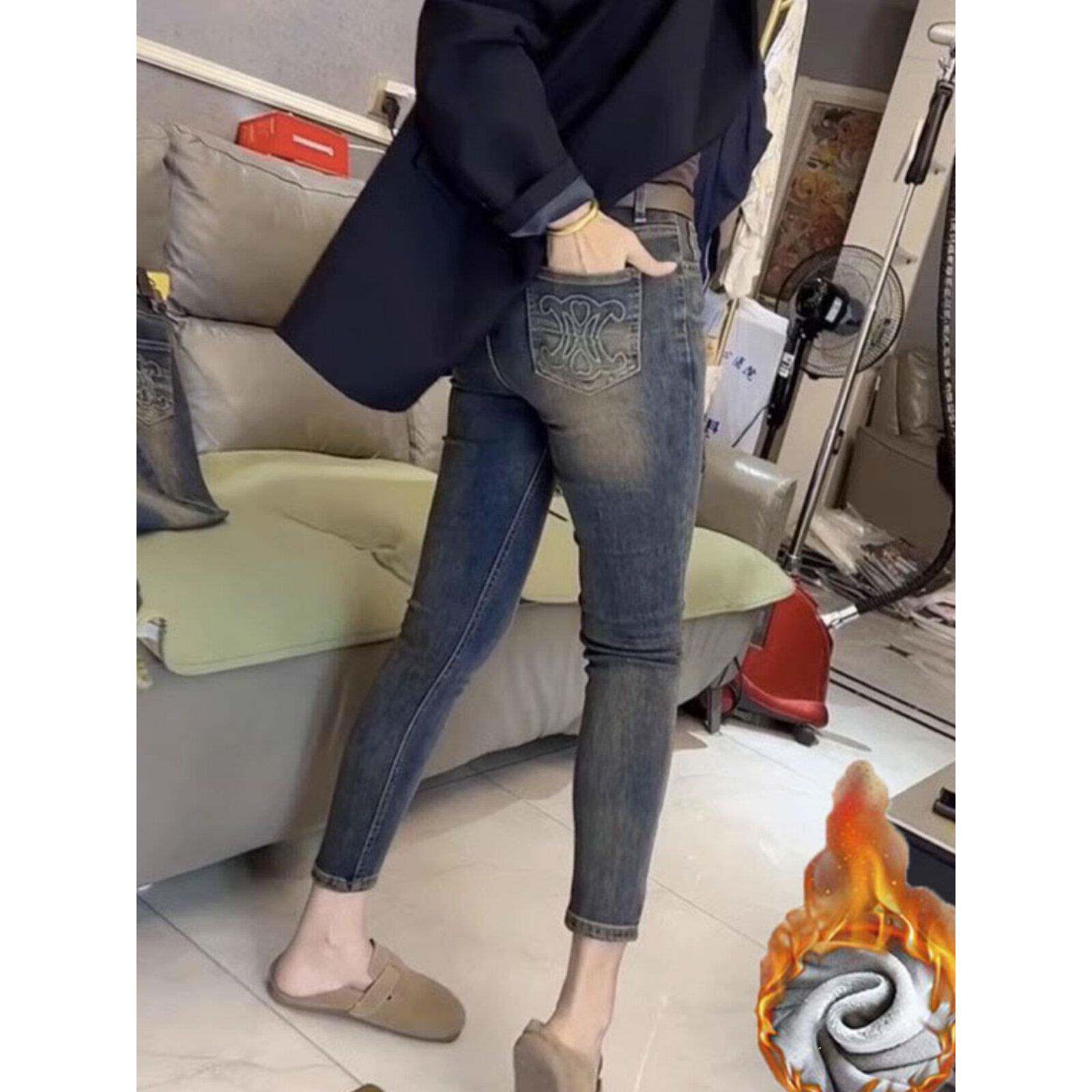 SPYB覆古加厚牛仔小脚裤女秋冬季铅笔弹力修身高腰加绒显瘦九分裤
