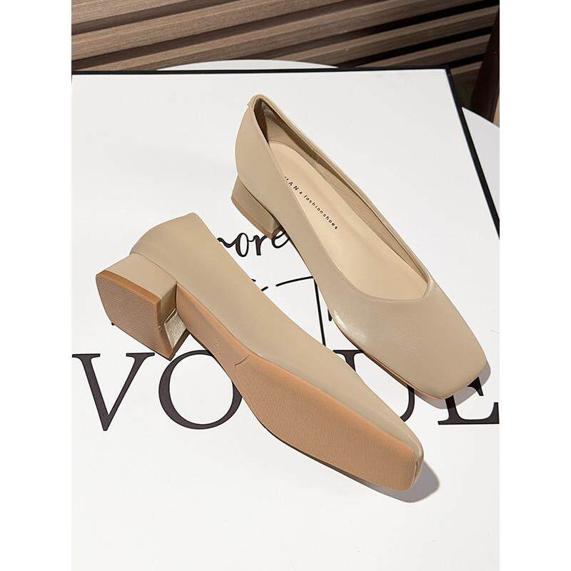 香港方头裸色单鞋女粗跟夏季新款软皮软底奶奶鞋百搭中跟高跟鞋女