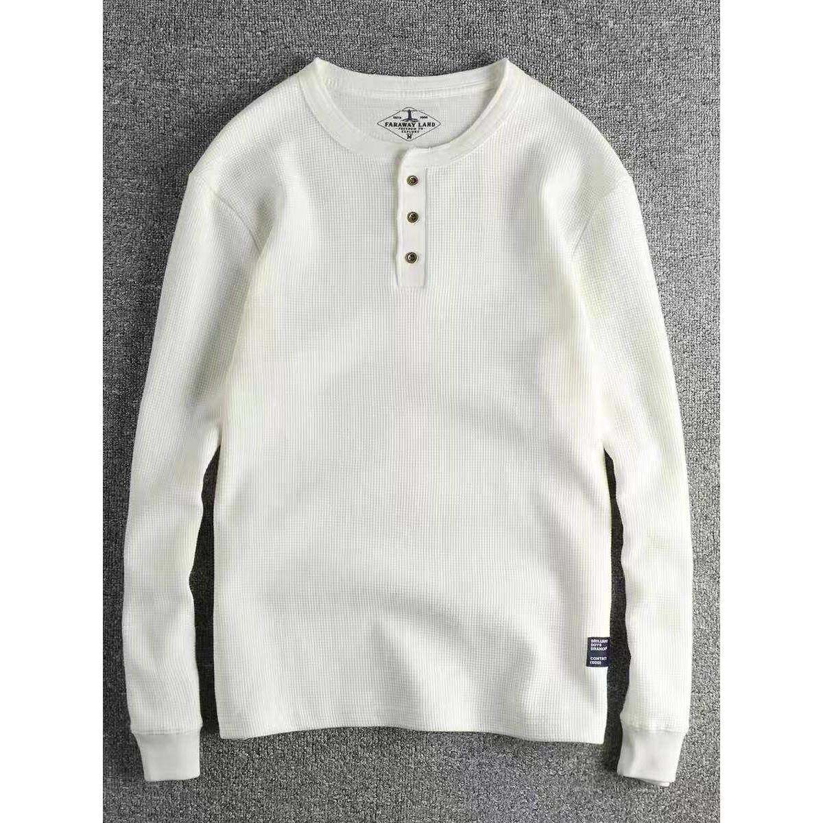 代购香港潮男春秋美式华夫格面料亨利领长袖T恤男休闲套头打底衫