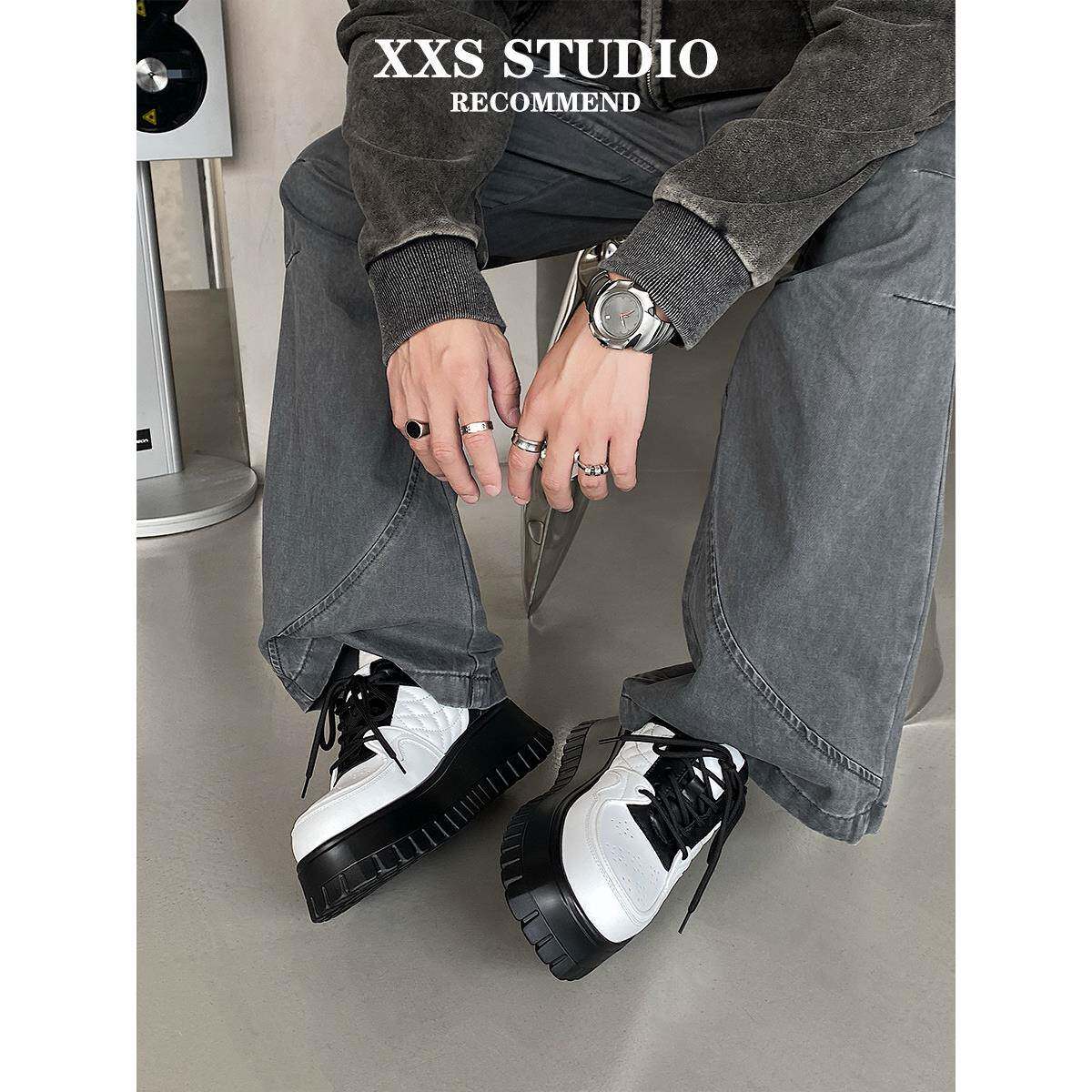 潮牌秋季黑白真皮板鞋男新款松糕厚底增高老爹鞋高级感百搭运动鞋