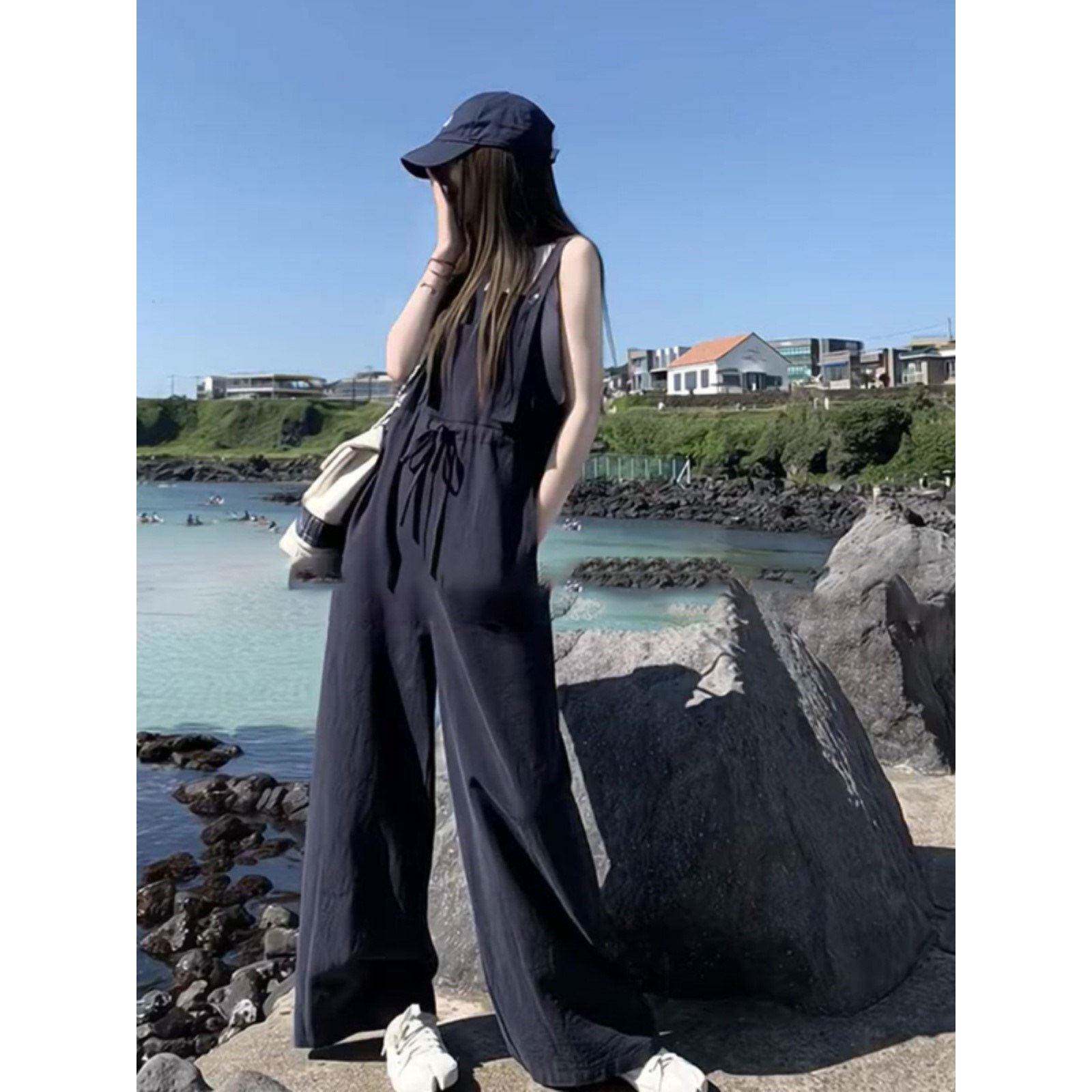 2025夏季休闲伦敦刊报时髦好穿60苎麻抽绳直筒工装连体背带裤女