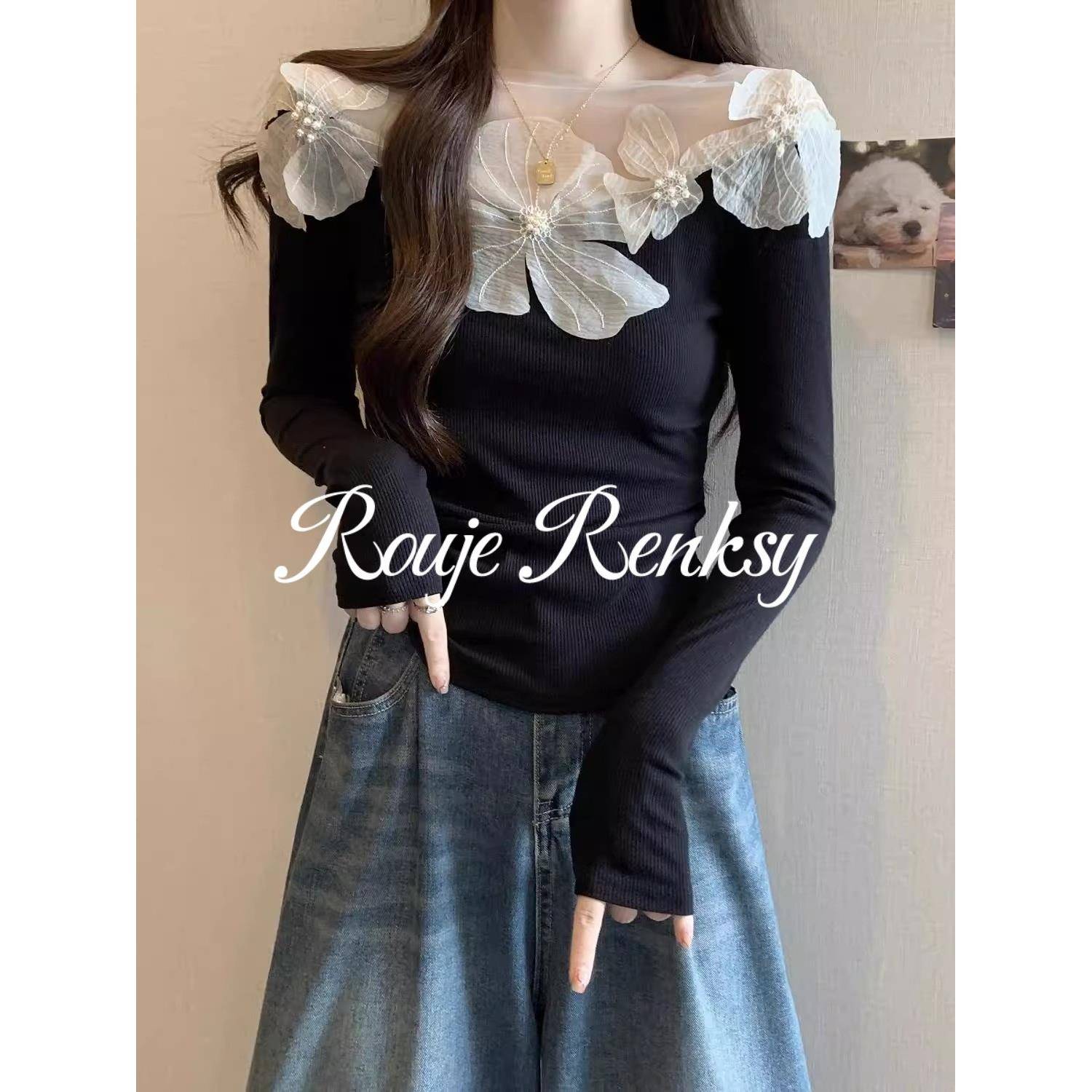 法国rouje renksy法式减龄立体花朵一字领露肩网纱拼接针织衫女秋