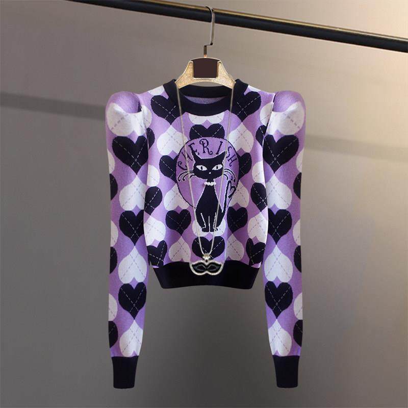 潮牌复古小众提花卡通猫针织衫女2024春秋新款泡泡袖显瘦长袖上衣,女装/女士精品,毛针织衫,淘宝优惠券,粉丝福利购,淘宝优惠卷