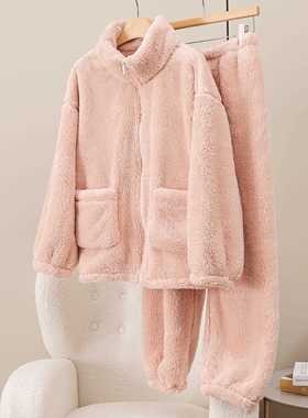 韩版经典升级款立领拉炼大口袋睡衣女冬季高克重双面绒外穿家居服