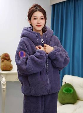 韩版巨厚实立领连帽拉炼双层覆合绒睡衣女冬季大码休闲加厚家居服
