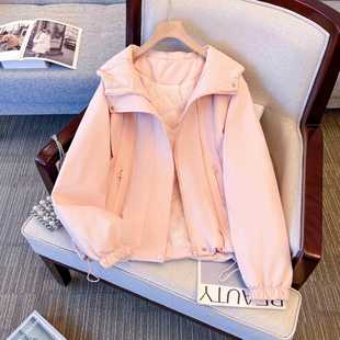 潮牌粉色工装冲锋衣女2025秋冬季小个子夹棉外套宽松加厚保暖棉服