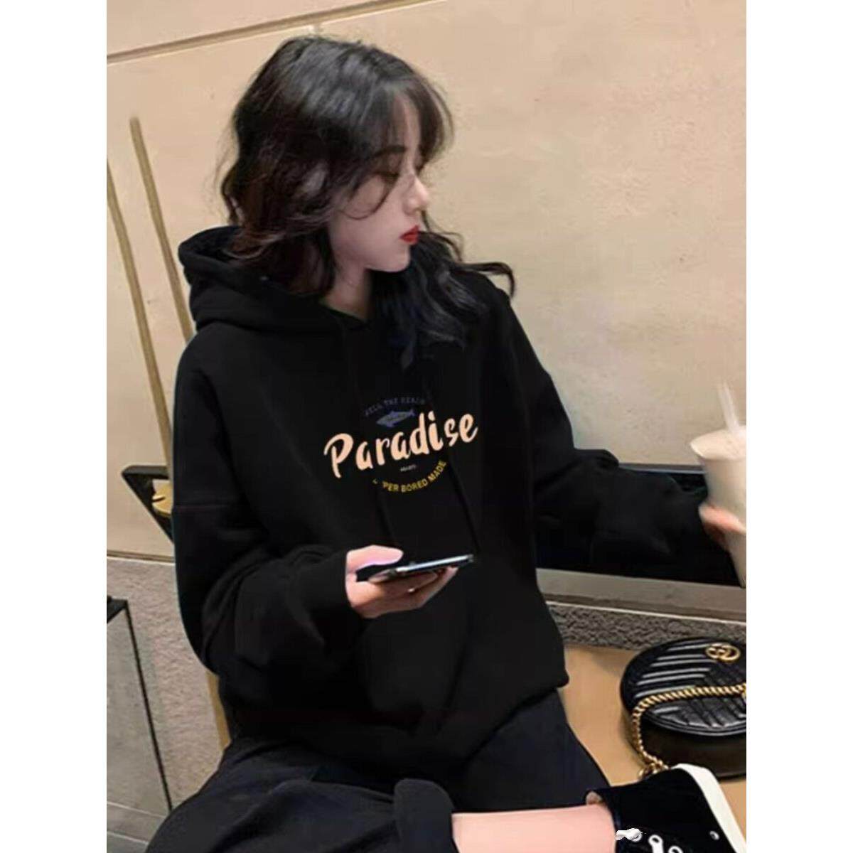 韩国秋冬美式连帽卫衣女2025新款韩版宽松休闲百搭黑色内搭上衣女