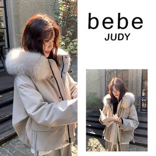 bebe judy~短款真大毛领羽绒服女冬季宽松气质派克服加厚工装外套