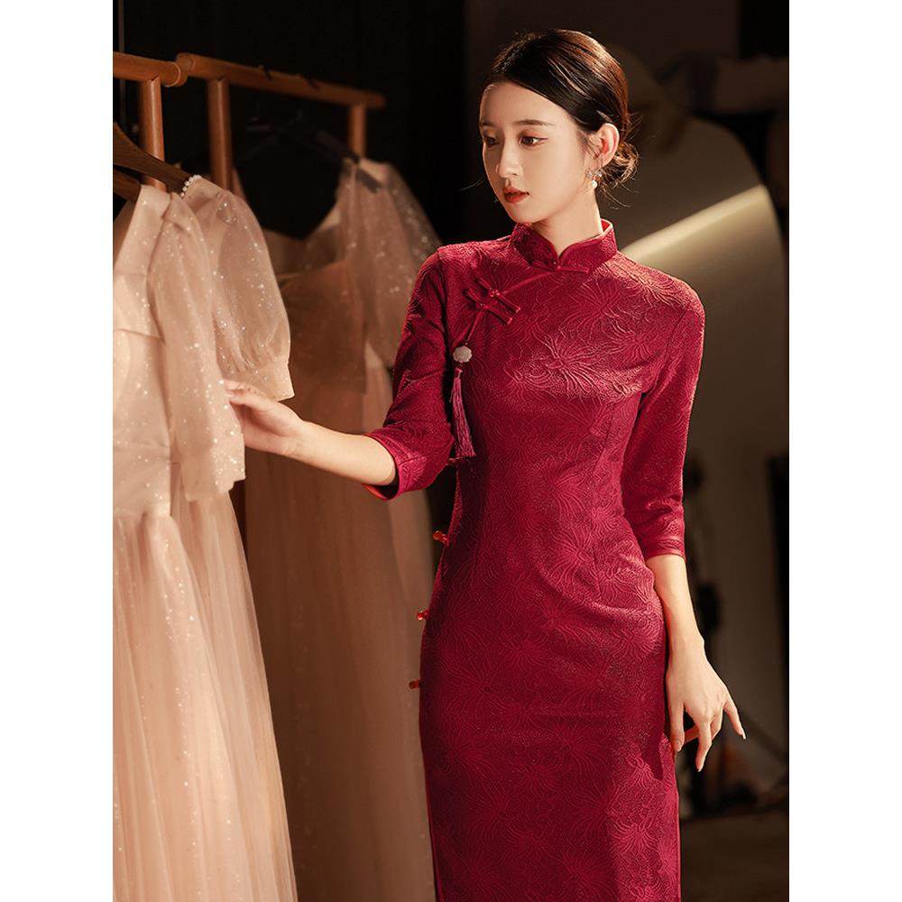 Ocnltiy中式改良蕾丝旗袍春秋结婚订婚回门服酒红色敬酒服连衣裙