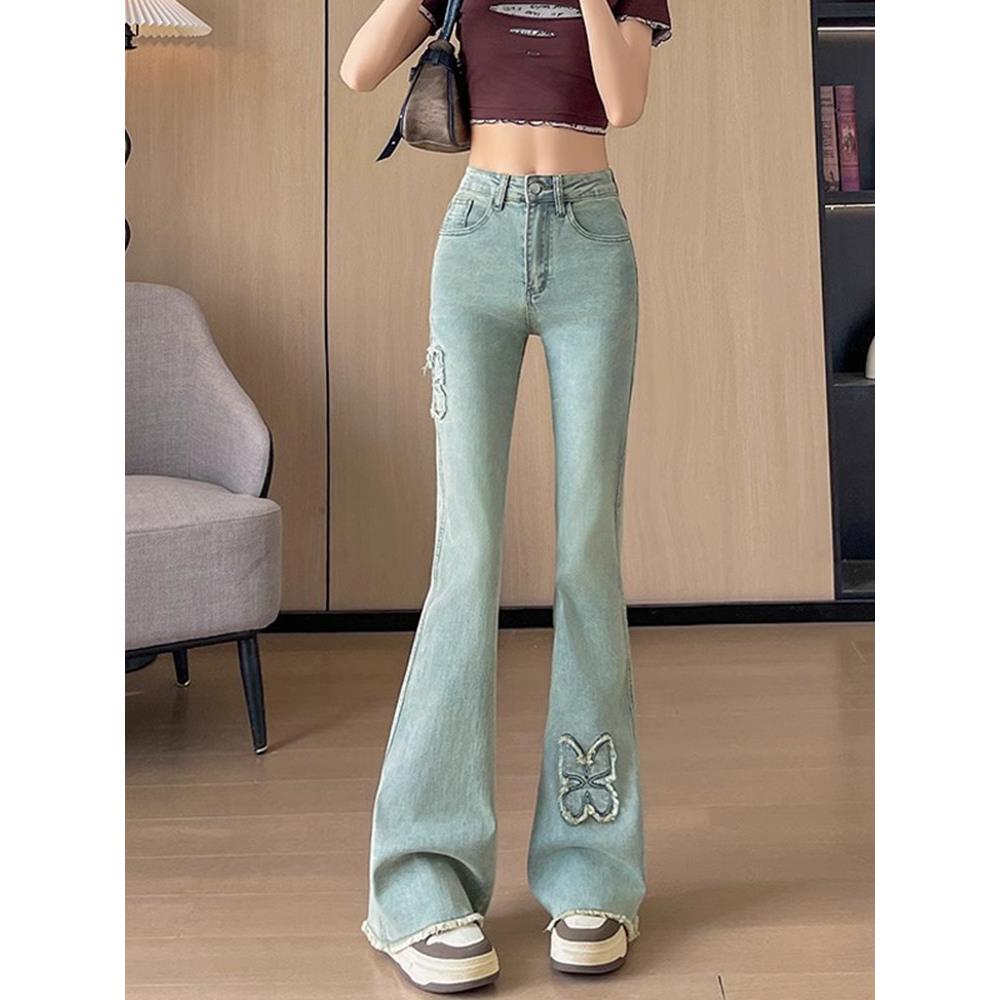 浅色毛边微喇叭牛仔裤女春秋2026高腰显瘦设计感蝴蝶拖地马蹄裤子