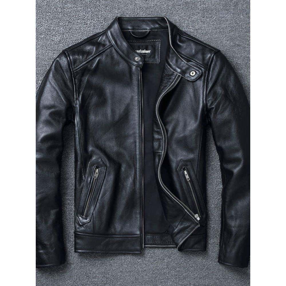 高端头层牛皮外套秋冬季加棉真皮皮衣修身立领夹克大码机车服高端