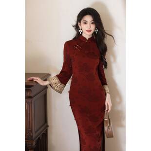 Ocnltiy绝美红色长袖旗袍女新中式改良年轻款复古高端连衣裙秋冬