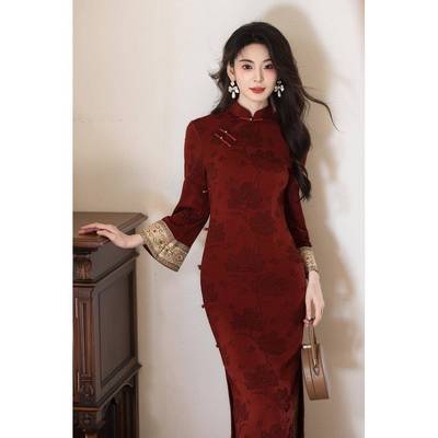 Ocnltiy绝美红色长袖旗袍女新中式改良年轻款复古高端连衣裙秋冬