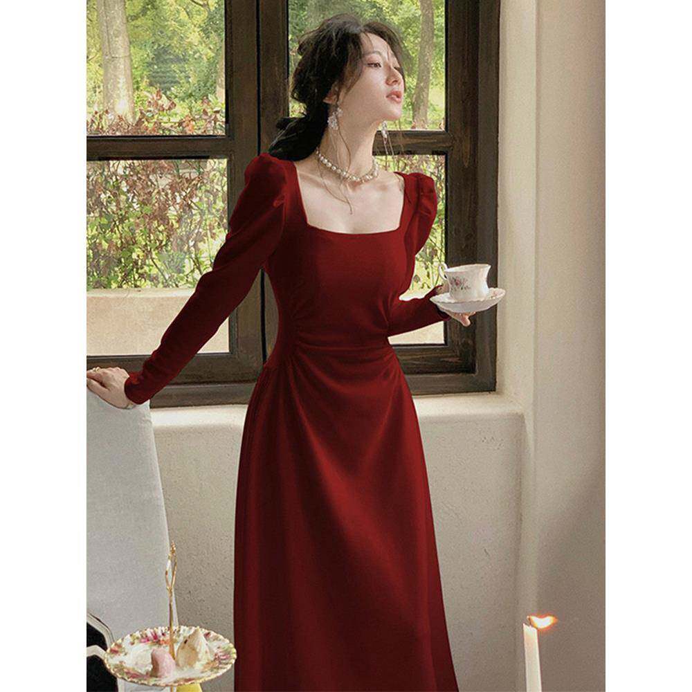 Ocnltiy红色长袖洋装女士法式订婚礼服新娘敬酒服平时可穿红裙子
