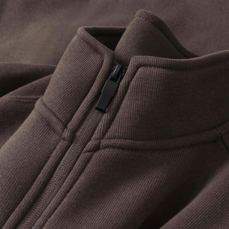 Mostarsea~600g重磅美式棕色卫衣外套男士秋冬银狐绒立领开衫夹克