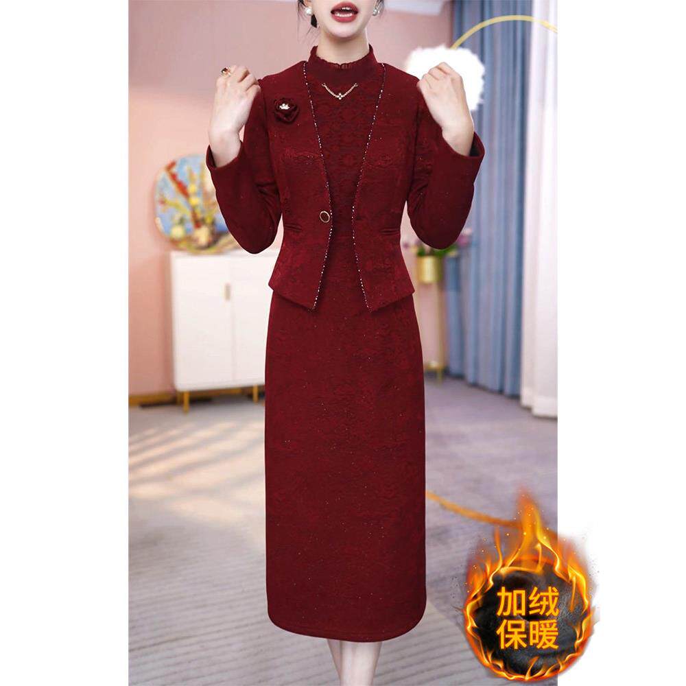 Ocnltiy加绒两件套新年战袍连衣裙女秋冬新款妈妈婚宴礼服套装裙