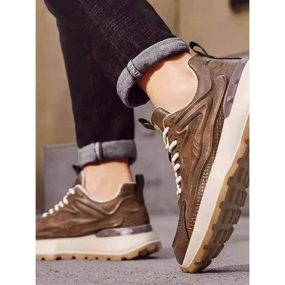 潮牌2025新款秋季皮革覆古软底跑步男士休闲运动鞋增高厚底老爹鞋