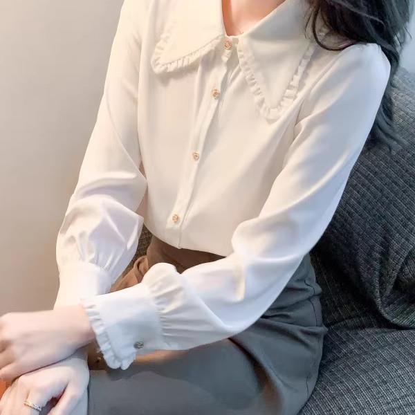 香港TIMO春秋季新款女装雪纺白色衬衫女士长袖娃娃领衬衣洋气上衣