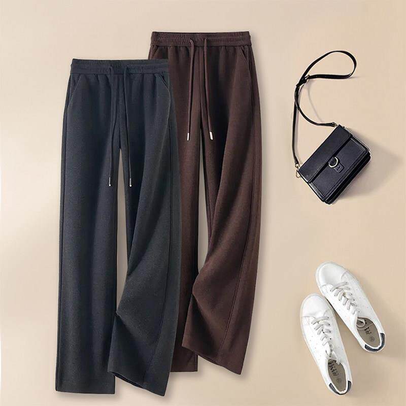 高端休闲运动裤女2025春秋新款羊毛呢加绒阔腿裤高腰直筒裤长裤子