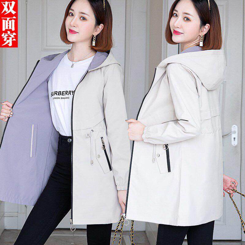 潮牌浅灰色风衣外套女春秋新款秋季双面穿收腰显瘦中长版女士上衣