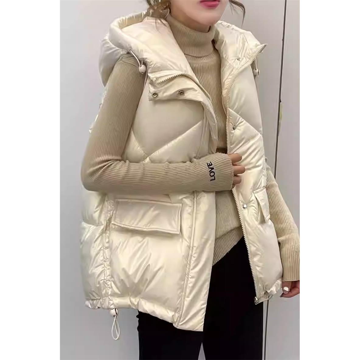 欧洲站黑色亮面免洗羽绒棉马甲女宽松慵懒风春秋冬季马夹背心外套