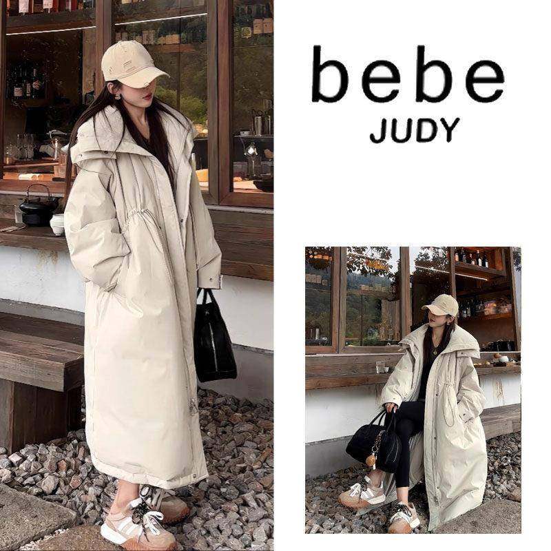 bebe judy~气质白色连帽羽绒服女冬季过膝长款三防面料白鸭绒风衣