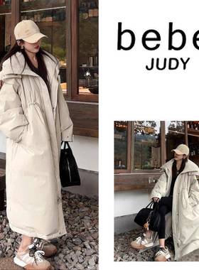 bebe judy~气质白色连帽羽绒服女冬季过膝长款三防面料白鸭绒风衣
