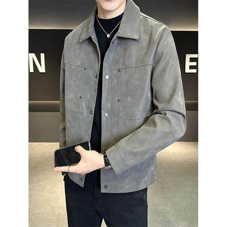 香港秋季夹克男2025新款感翻领男装麂皮外套潮流帅气男款潮流外套