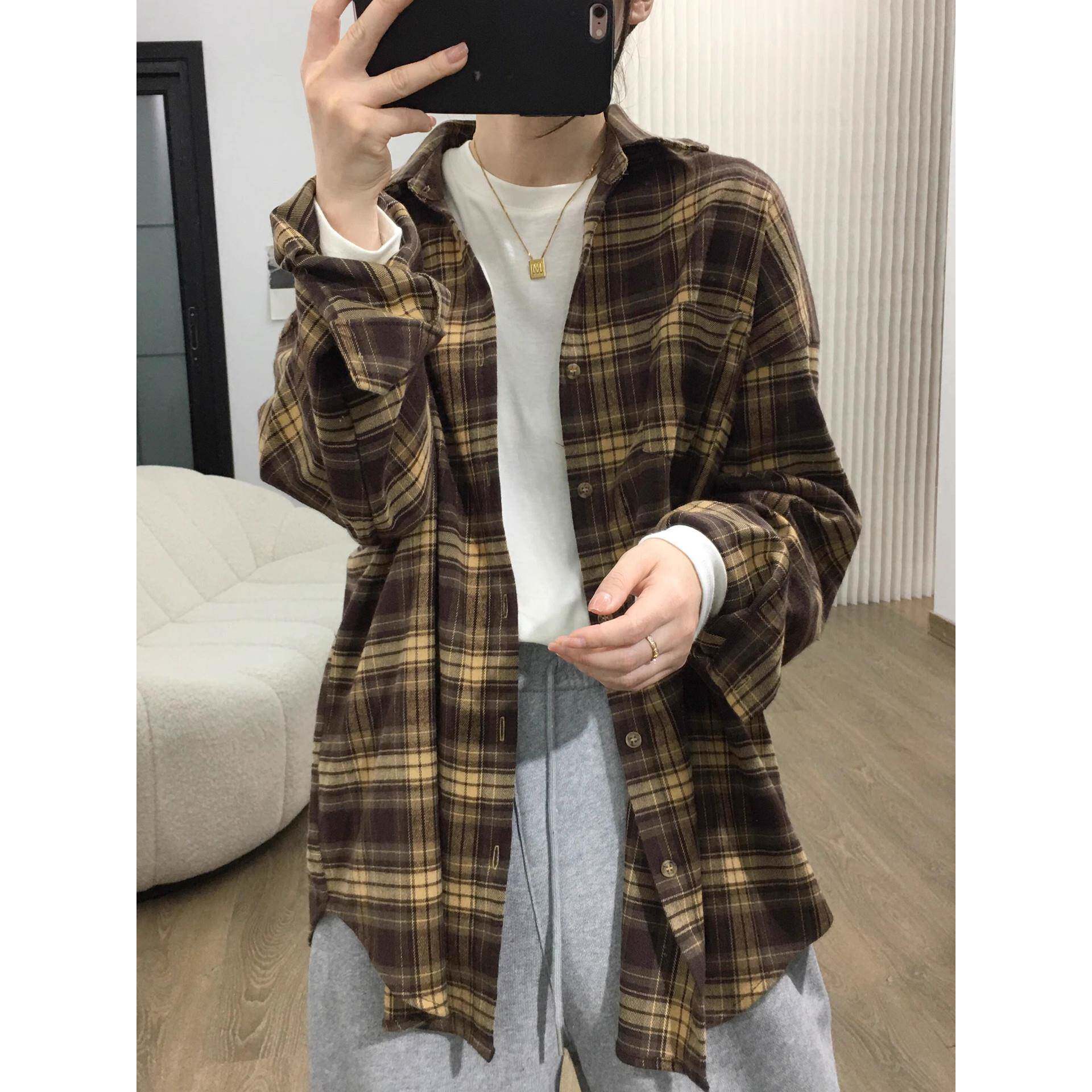 覆古磨毛格子长袖衬衫女秋季韩版宽松慵懒显瘦中长款衬衣休闲外套
