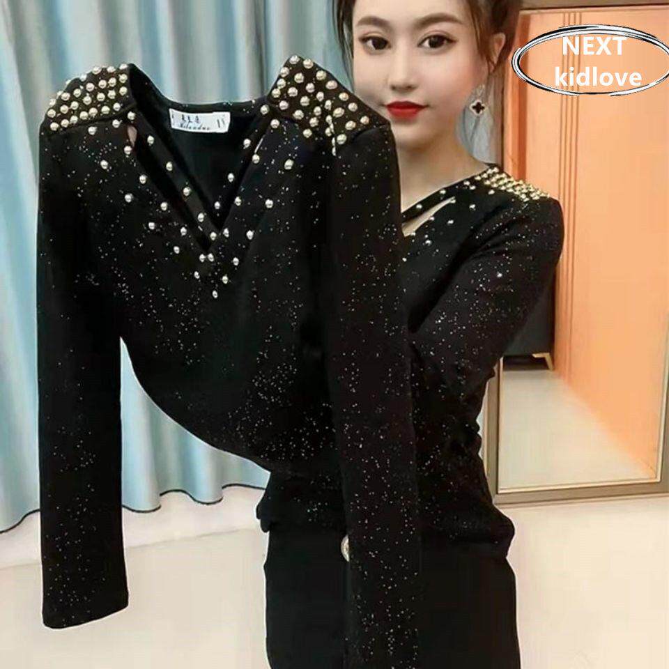 香港秋冬V领加绒加厚钉珠黑色打底衫女短款大码修身显瘦长袖t恤女