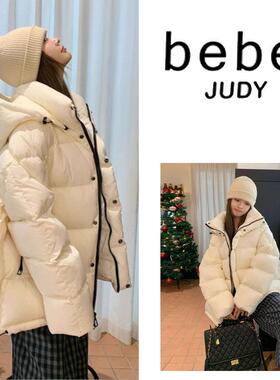 bebe judy~白色高级感连帽羽绒服女冬季新款休闲慵懒风白鸭绒外套