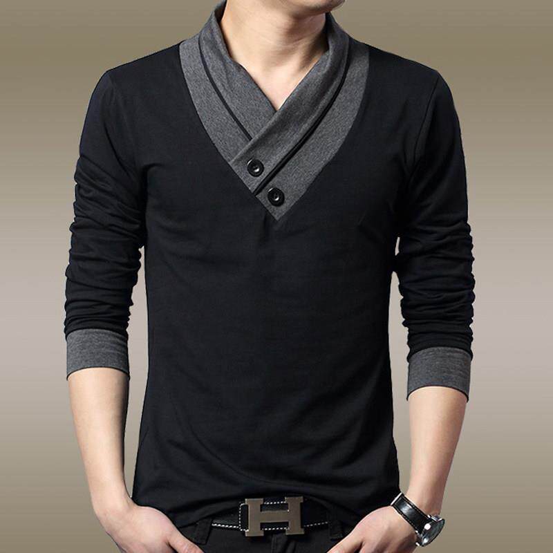 潮牌2525青年长袖t恤男士v领上衣加绒加厚打底衫英伦风休闲大码