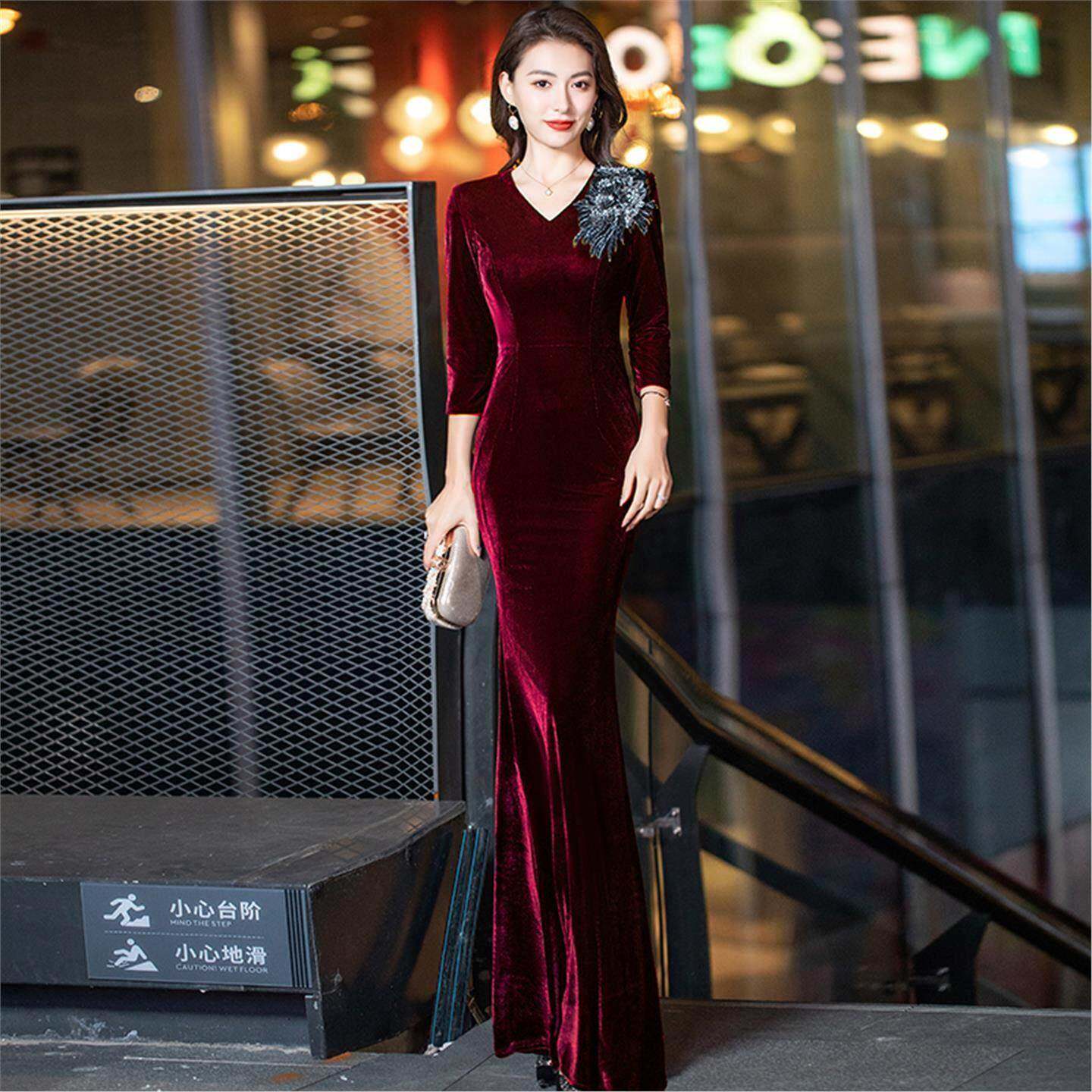 Ocnltiy轻奢丝绒长袖婚纱晚礼服新款高档鱼尾喜婆婆婚纱主人礼服