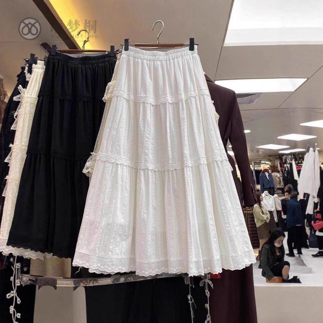 蛋糕层刺绣花边拼接半身裙女2025早春新款法式小众A字白色长裙子