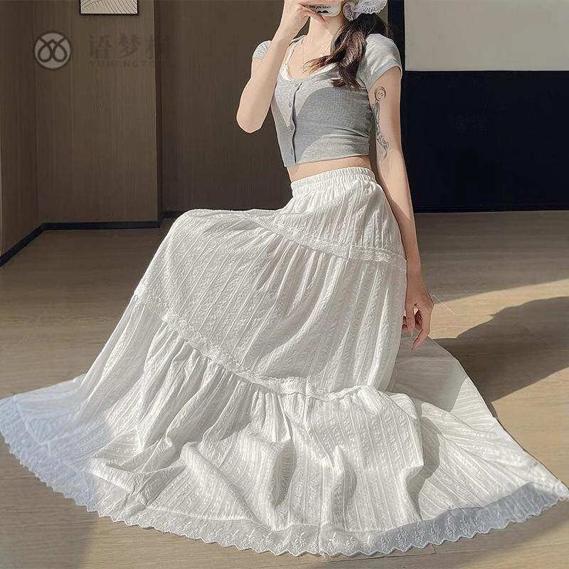 白色春夏甜美花边蕾丝半身裙2025年新款拼接高腰显瘦法式蛋糕裙子