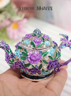 中式复古田园风珐琅彩首饰盒手工艺品家居装饰品茶壶小摆件珠宝盒