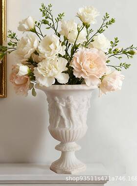 新古典风仿玉石款树脂花器简约时尚别墅酒店庭院装饰浮雕花器摆件