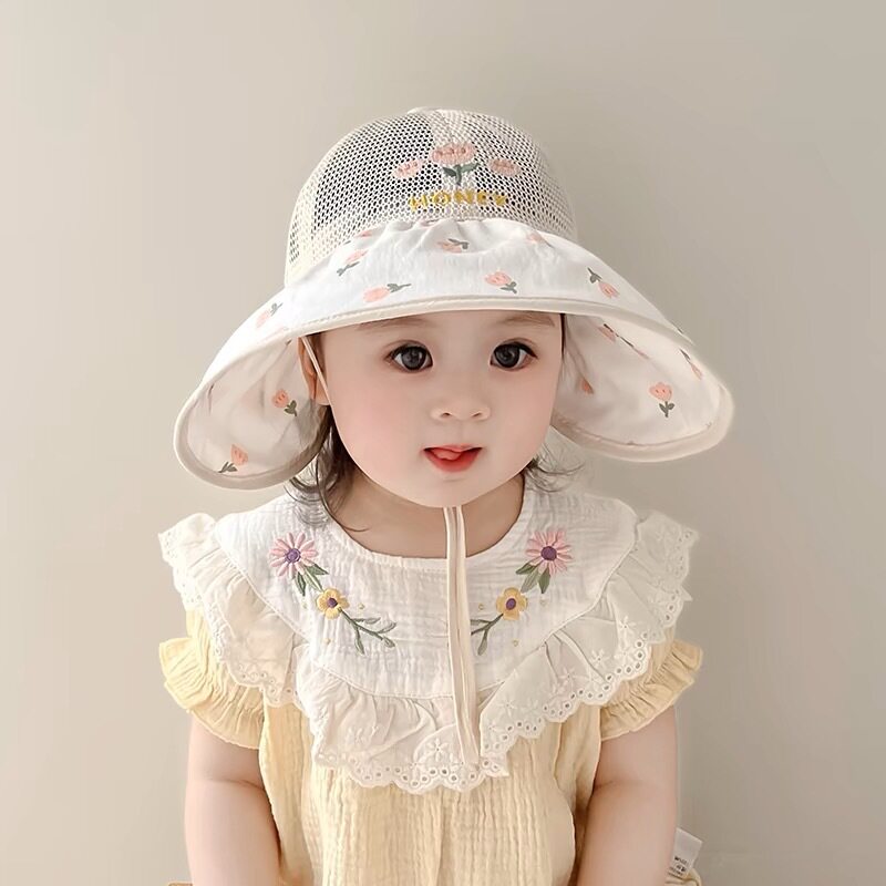 儿童帽子夏季薄款透气网眼大帽檐遮阳防晒帽女宝宝甜美渔夫帽