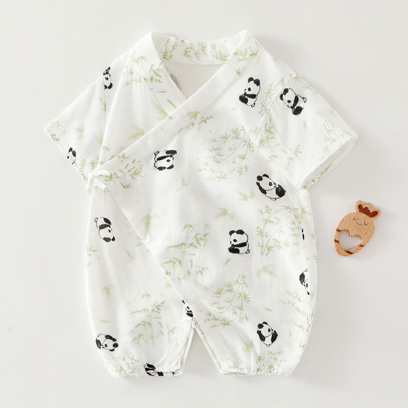 天竹联盟 夏季短袖婴儿连体衣竹棉纱宝宝哈衣爬服偏扣护肚和服