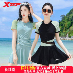 保守显瘦遮肚性感连体度假温泉装 特步泳衣女2026年新款 绿色系
