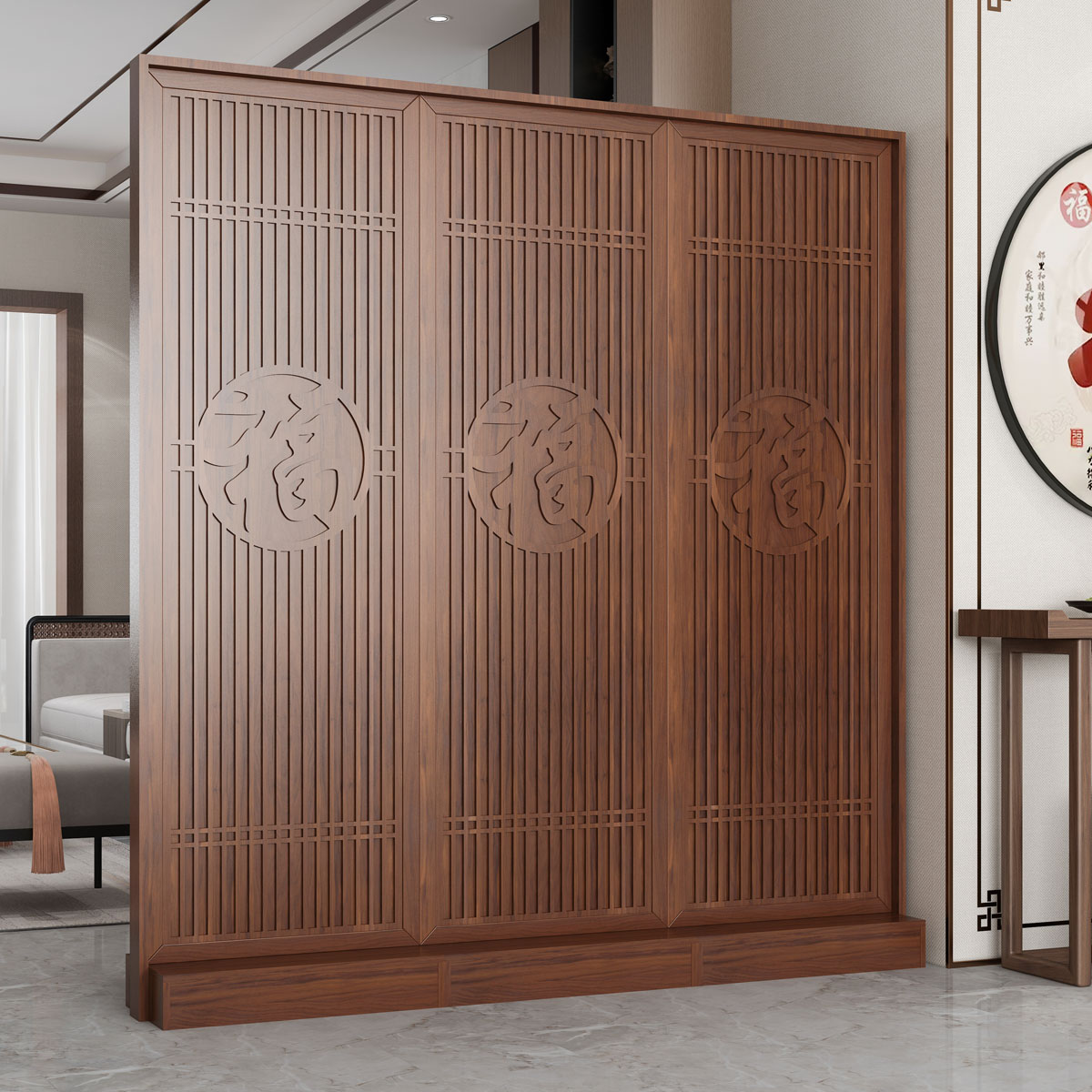 新中式木质座屏客厅门厅入户玄关隔断现代简约遮挡屏风装饰架折屏