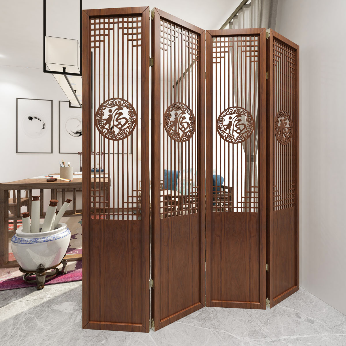 新中式木质屏风隔断客厅办公室玄关折屏现代简约格栅镂空装饰座屏