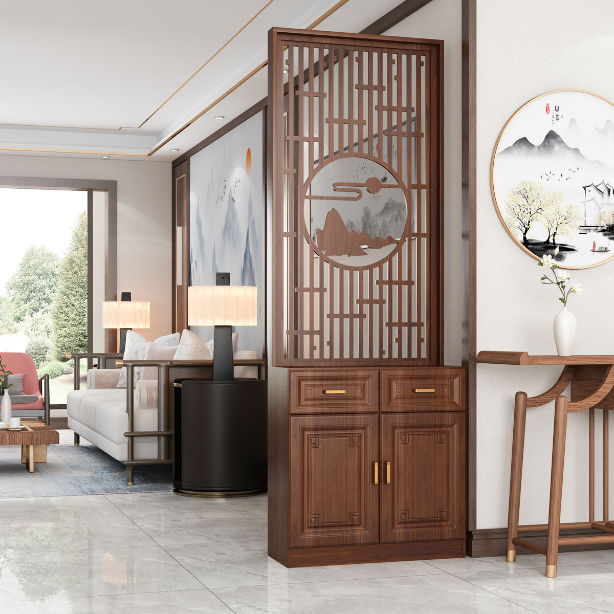 新中式现代屏风入户一体多功能鞋柜正对门玄关客厅隔断柜遮挡置物