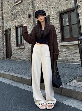 LILY MOST白色窄版阔腿裤女秋冬季休闲加绒高腰垂感羊毛呢西装裤