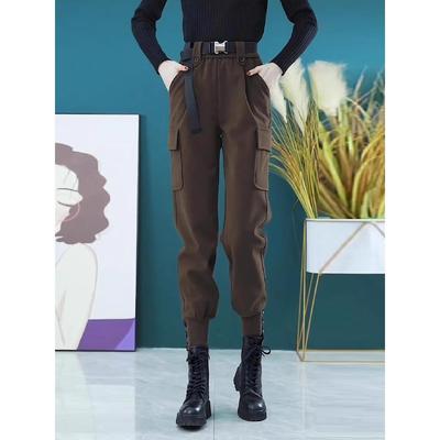 TOUCH MISS加绒毛呢工装裤女秋冬新款时尚高腰宽松显瘦哈伦束脚裤