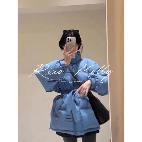 RIXO STREET法式气质设计感绑带蓝色棉服冬季新款加绒保暖外套